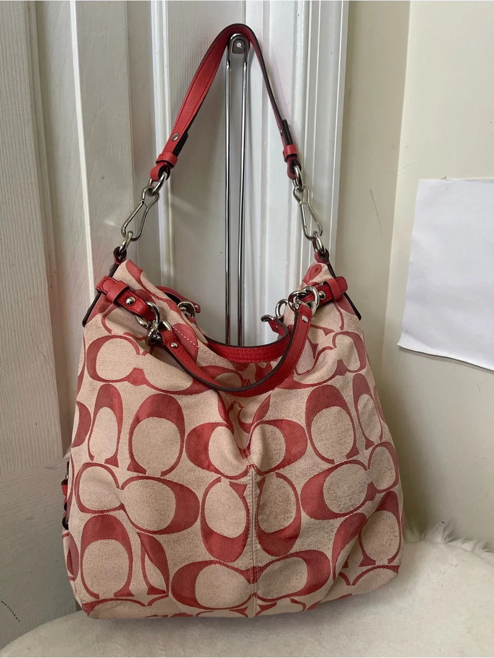 Coach Red Signature Canvas Shoulder Bag with Leather Trim